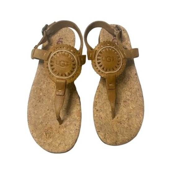 UGG Shoes - Ugg Ayden II Almond Leather Thong Ankle Strap Sandals - Cork - Size 8